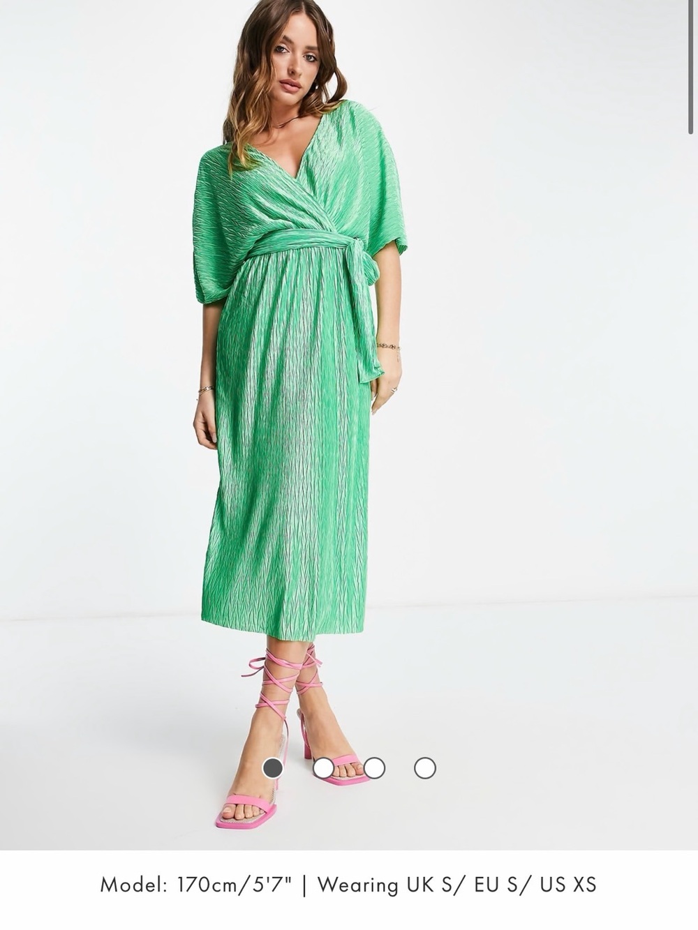 Pleated Green Wrap Midi Dress with Tie Waist